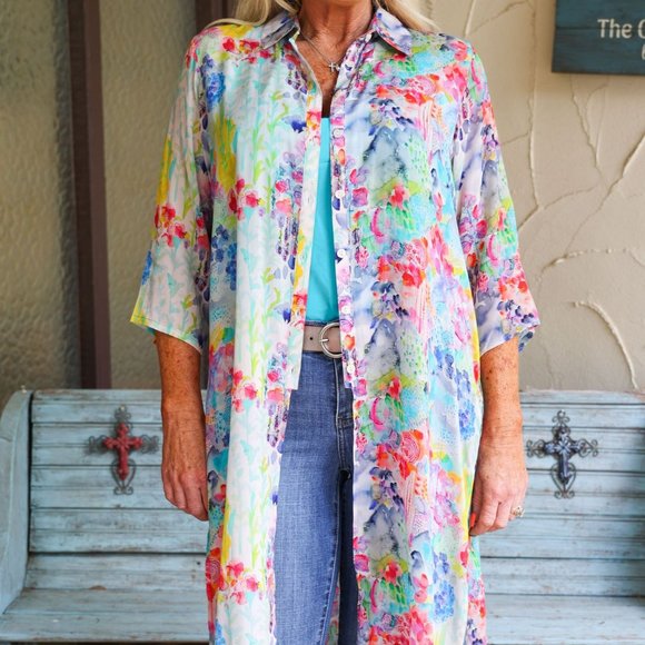 APNY Multi Colored Floral Button Down Long Top Or Kimono With Side Slits - Picture 1 of 4
